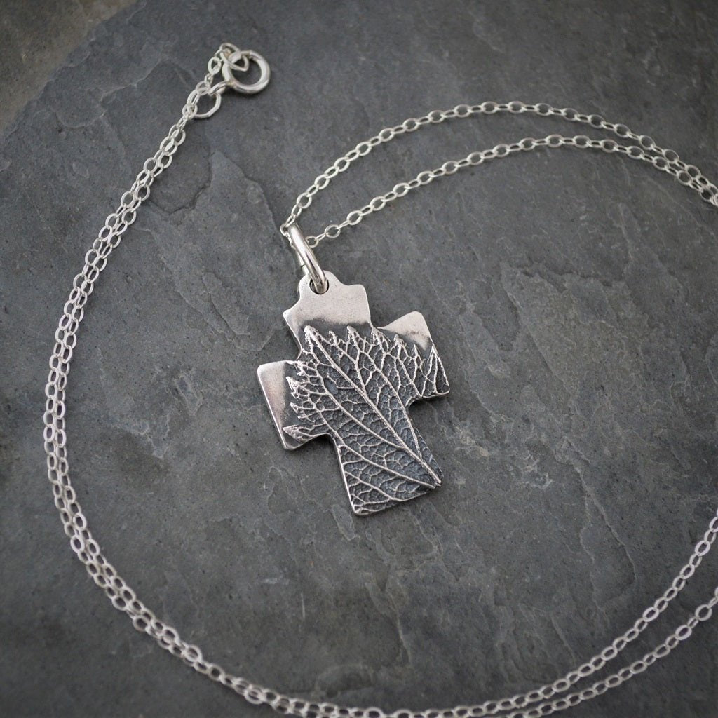 Silver Cross Necklace with Vervain Leaf - Gayle Dowell