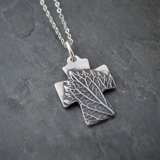 Silver Cross Necklace with Vervain Leaf - Gayle Dowell
