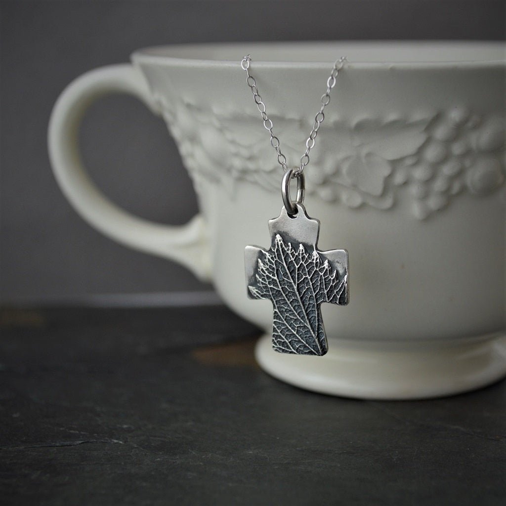 Silver Cross Necklace with Vervain Leaf - Gayle Dowell