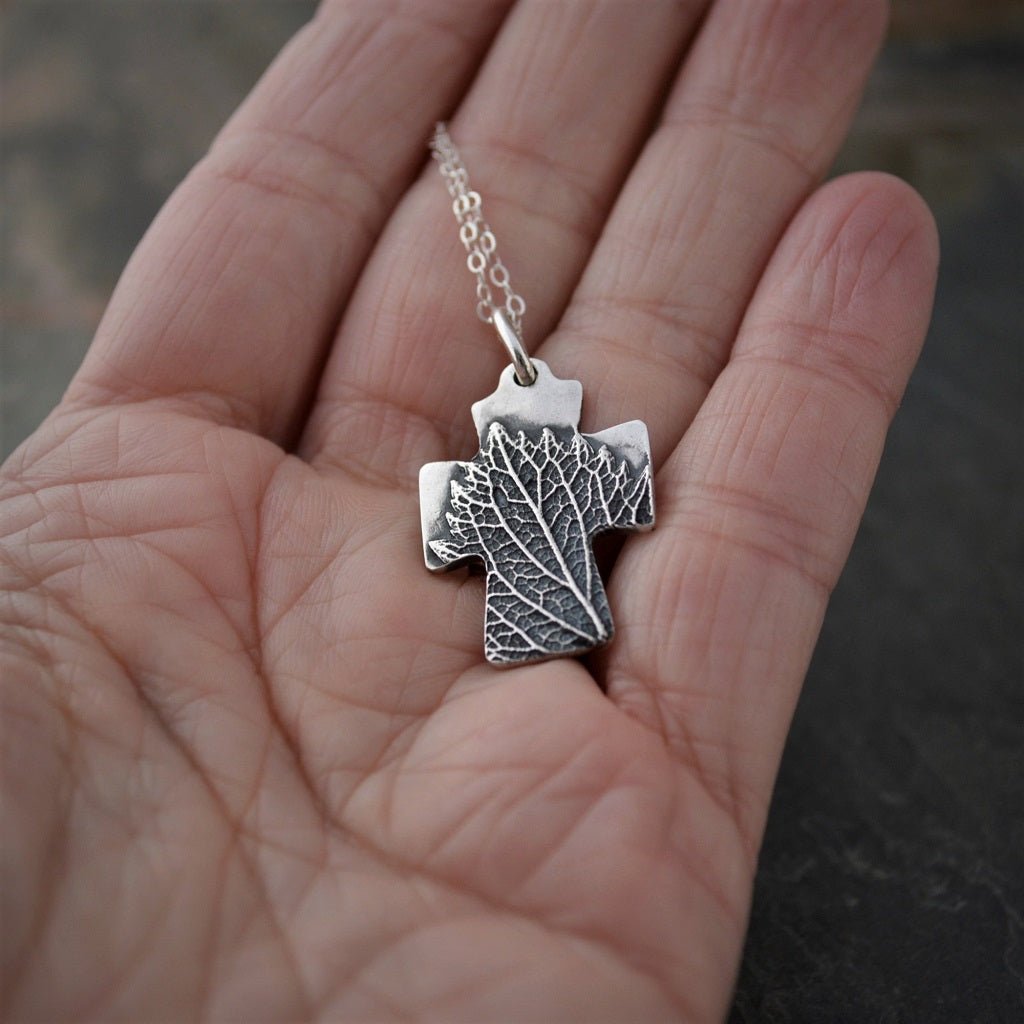 Silver Cross Necklace with Vervain Leaf - Gayle Dowell