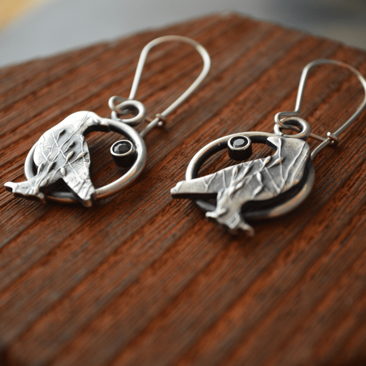 Silver Crow Earrings with Blue Sapphire Gemstones - Gayle Dowell