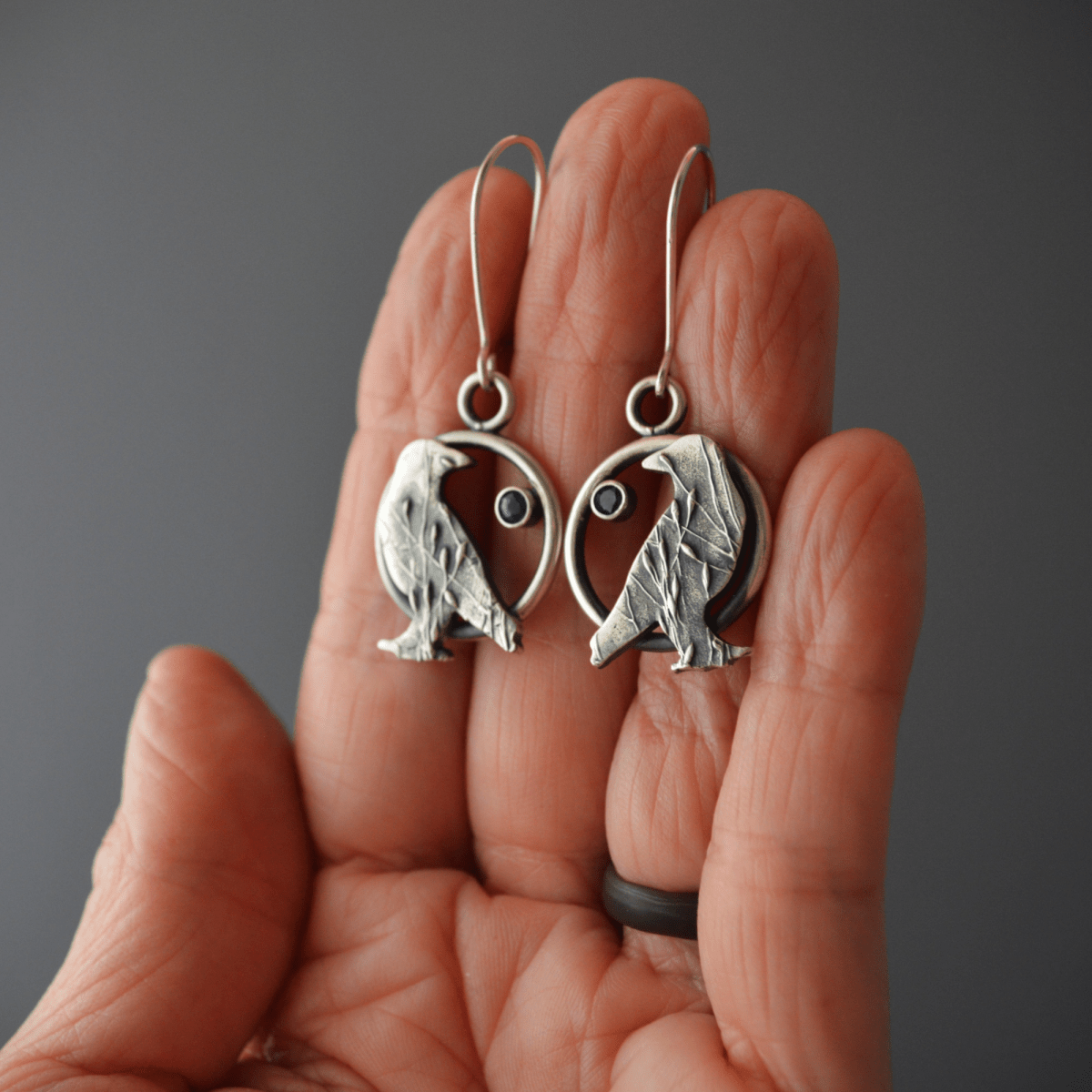 Silver Crow Earrings with Blue Sapphire Gemstones - Gayle Dowell