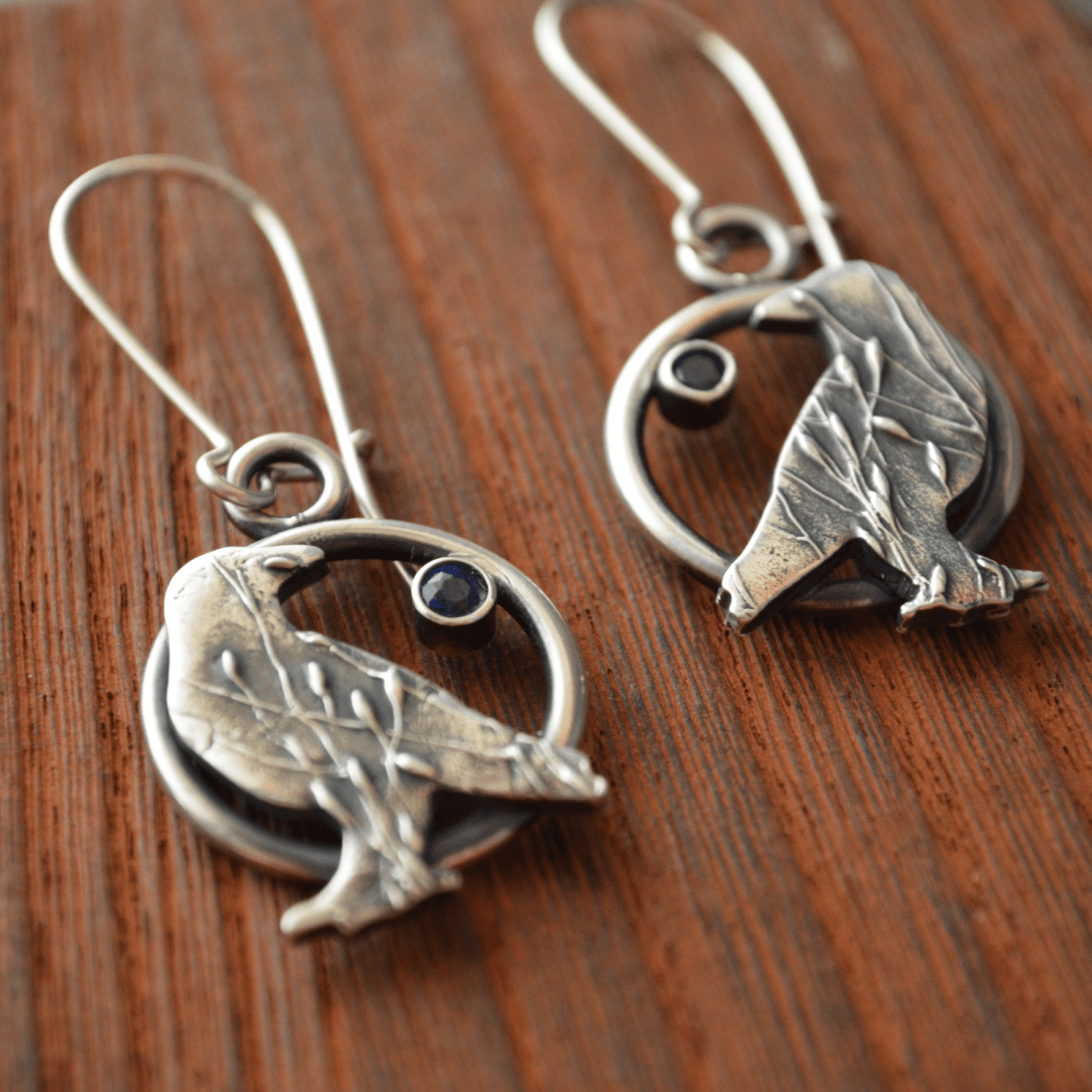 Silver Crow Earrings with Blue Sapphire Gemstones - Gayle Dowell