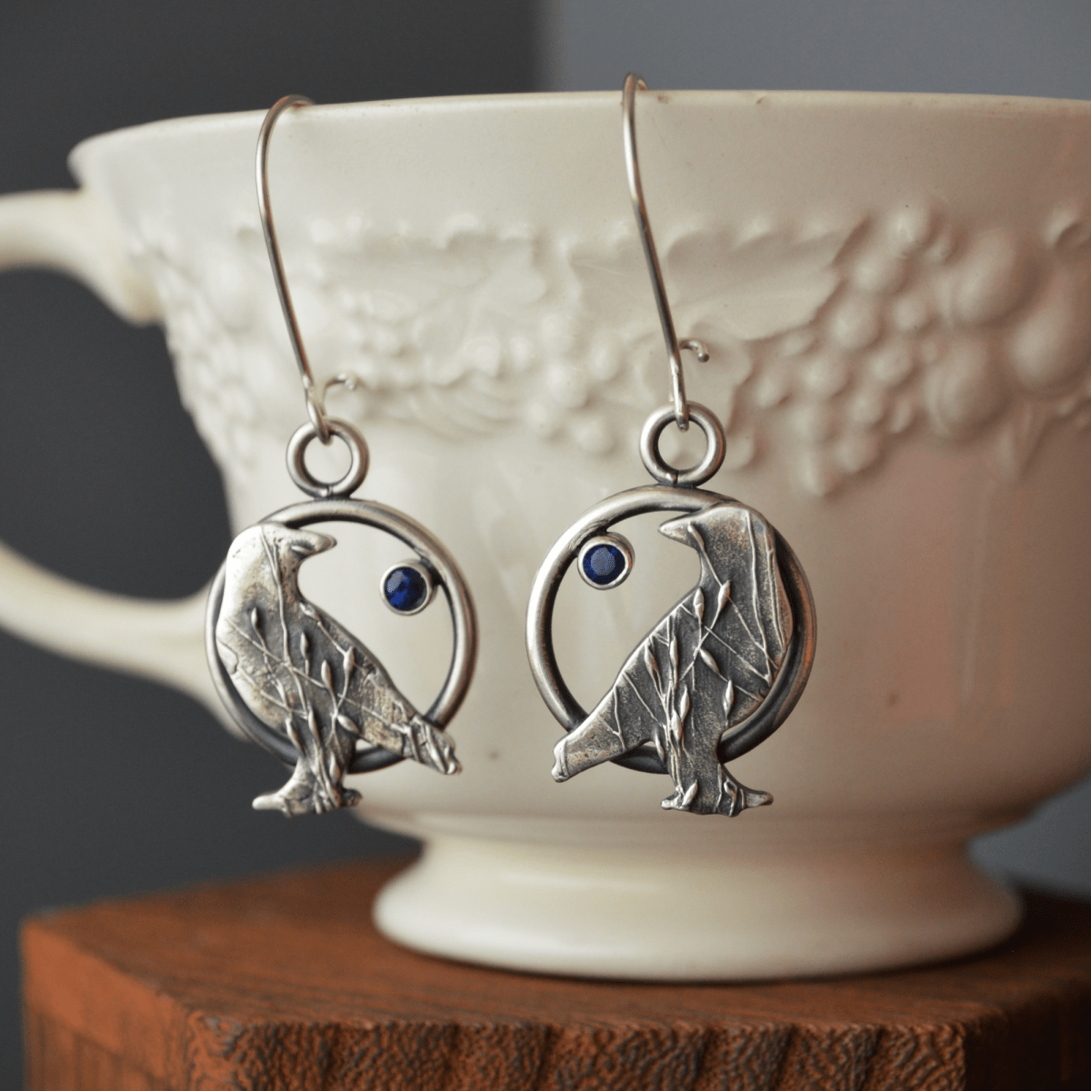Silver Crow Earrings with Blue Sapphire Gemstones - Gayle Dowell