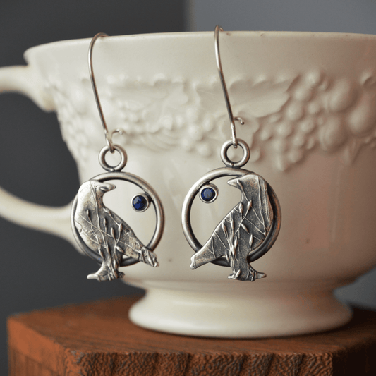 Silver Crow Earrings with Blue Sapphire Gemstones - Gayle Dowell