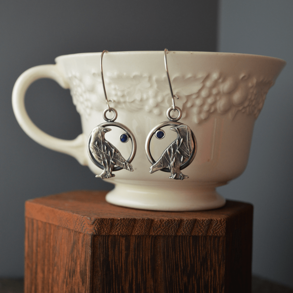 Silver Crow Earrings with Blue Sapphire Gemstones - Gayle Dowell
