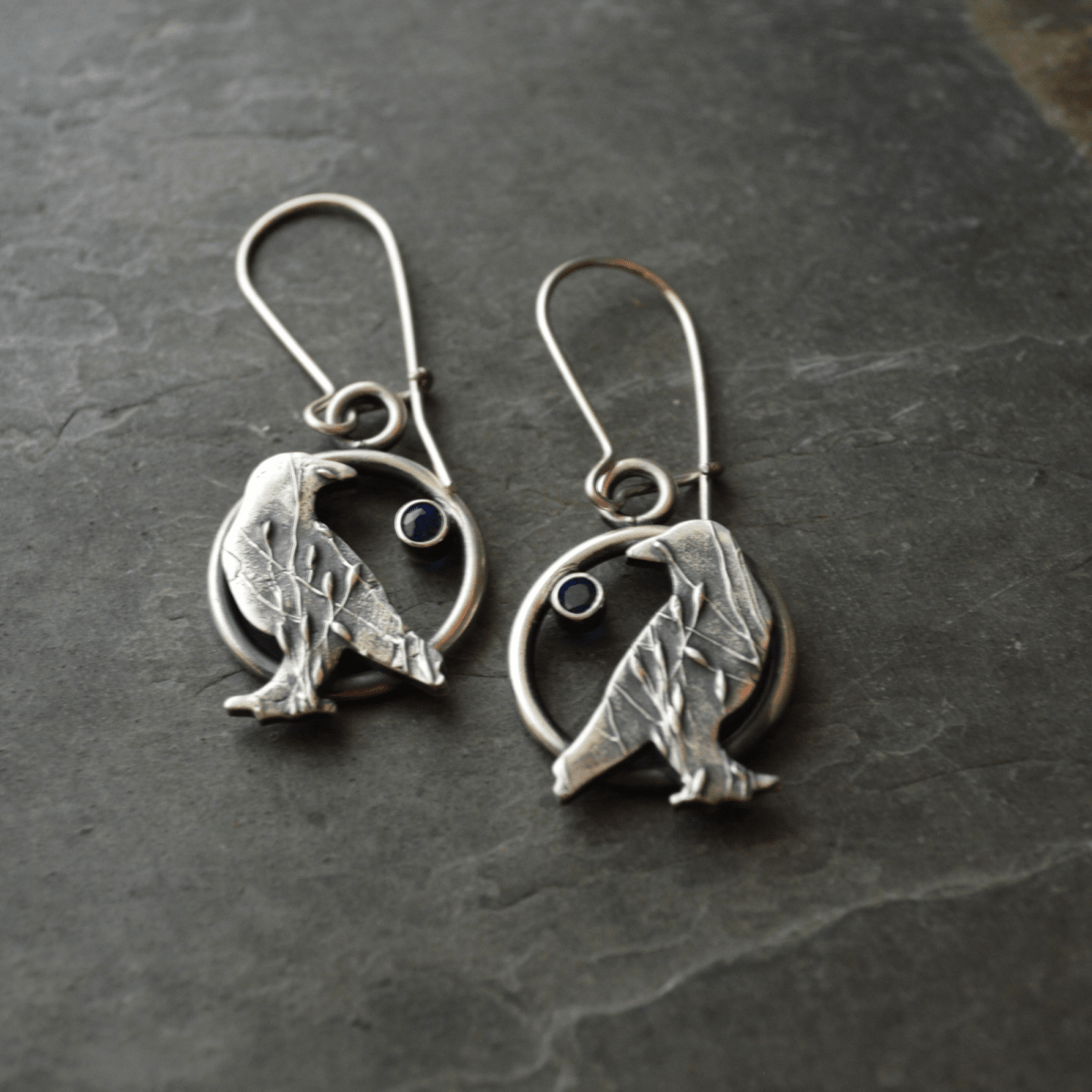 Silver Crow Earrings with Blue Sapphire Gemstones - Gayle Dowell