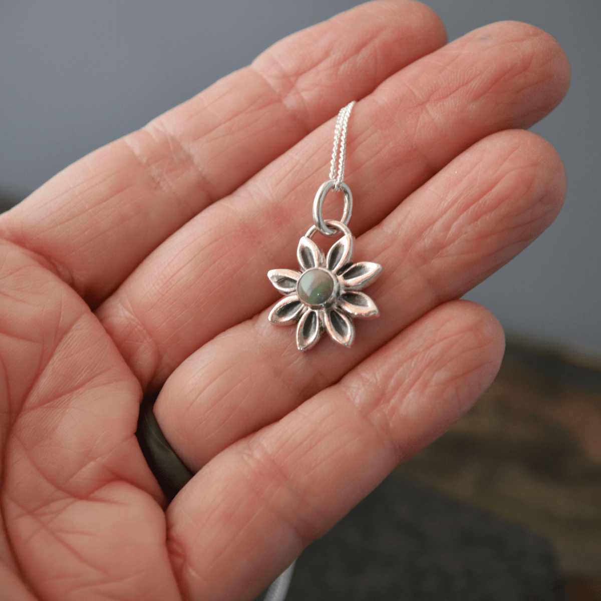 Silver Daisy Necklace with Kingman Turquoise - Gayle Dowell