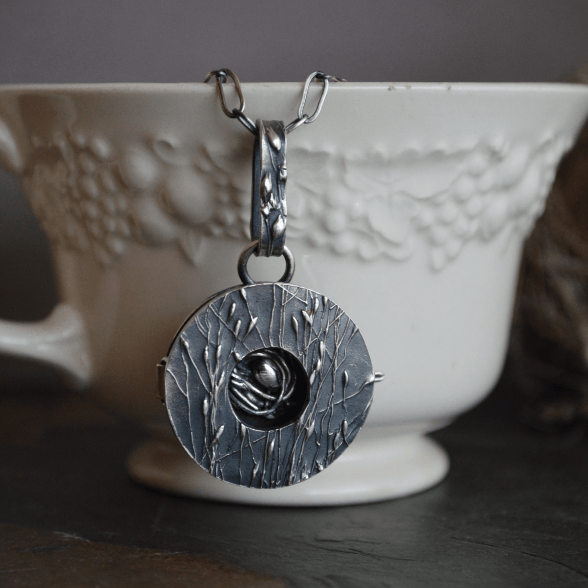 Silver Locket Necklace with Bird Nest - Gayle Dowell