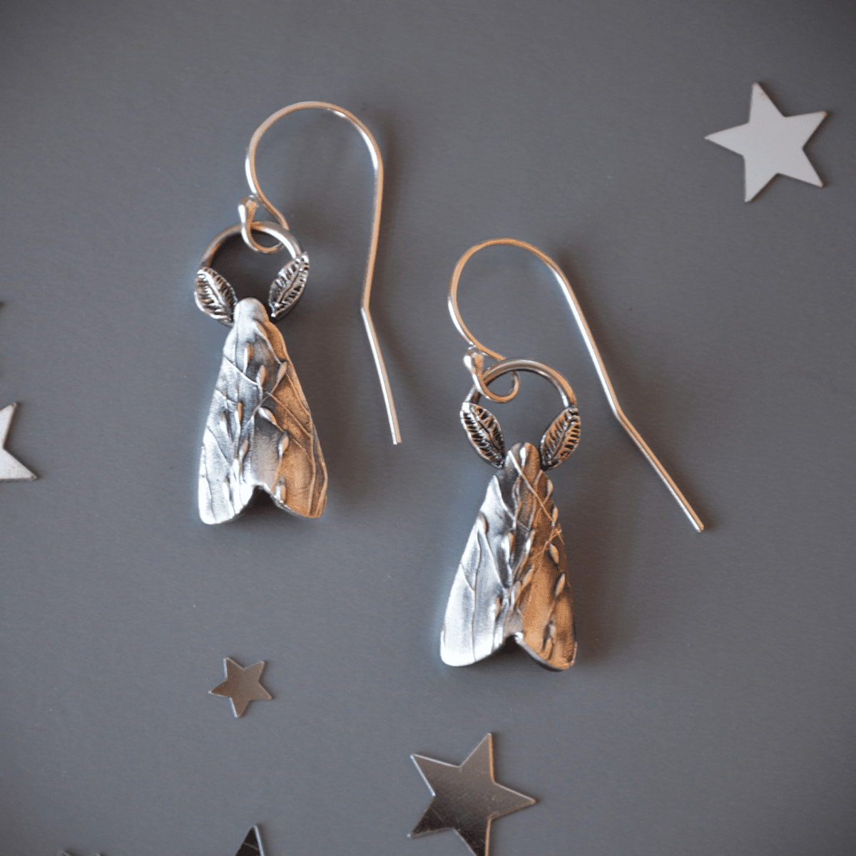 Silver Moth Earrings, Prairie Grass Texture - Gayle Dowell