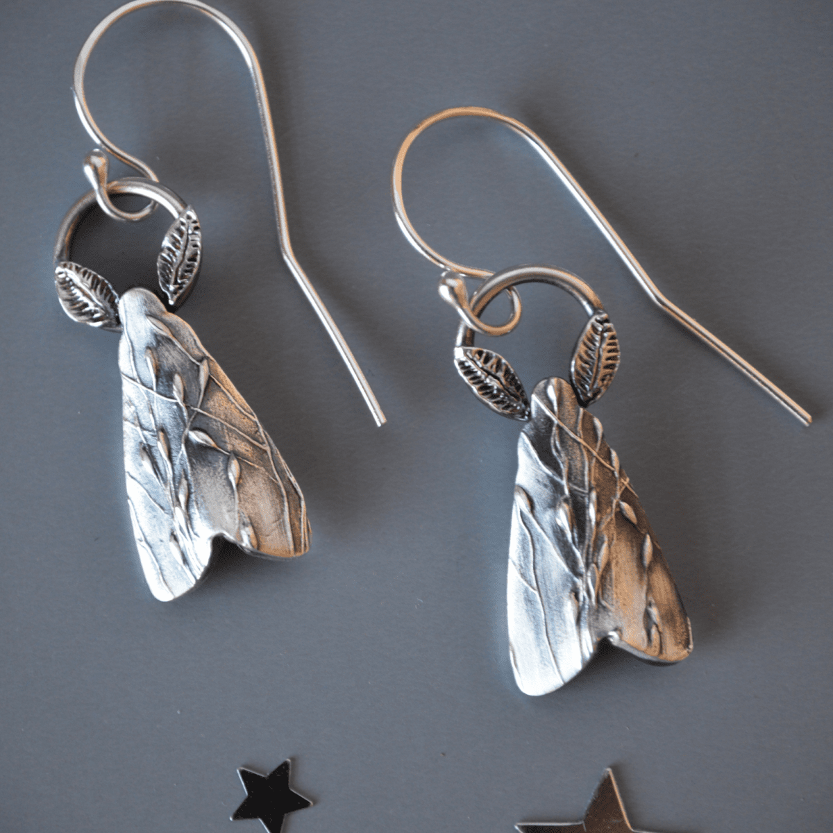 Silver Moth Earrings, Prairie Grass Texture - Gayle Dowell