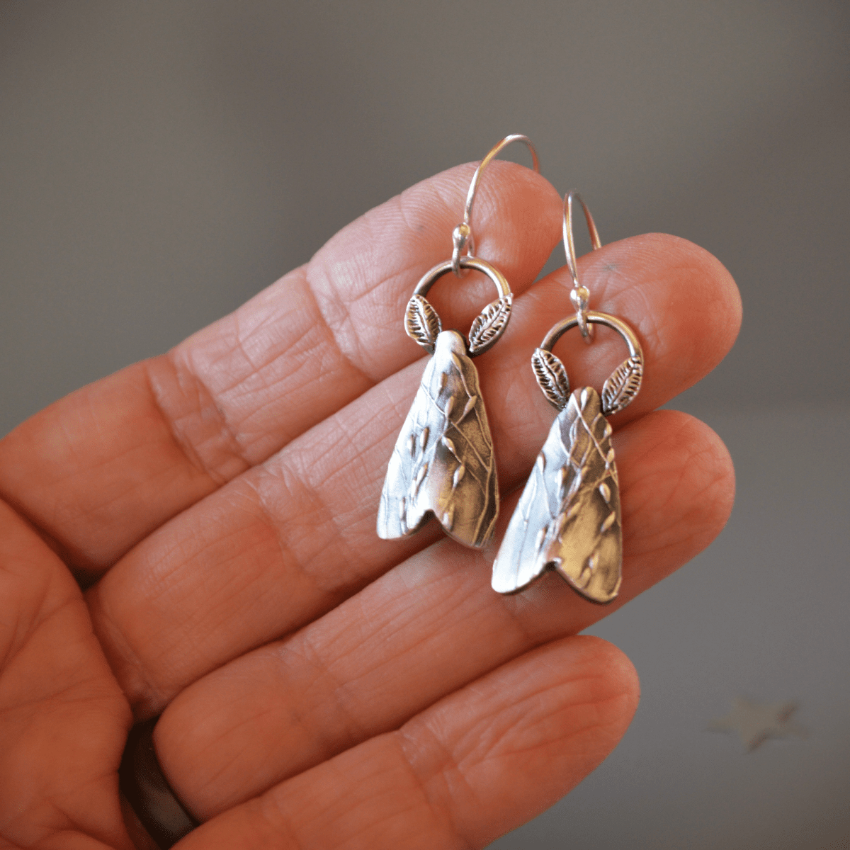 Silver Moth Earrings, Prairie Grass Texture - Gayle Dowell