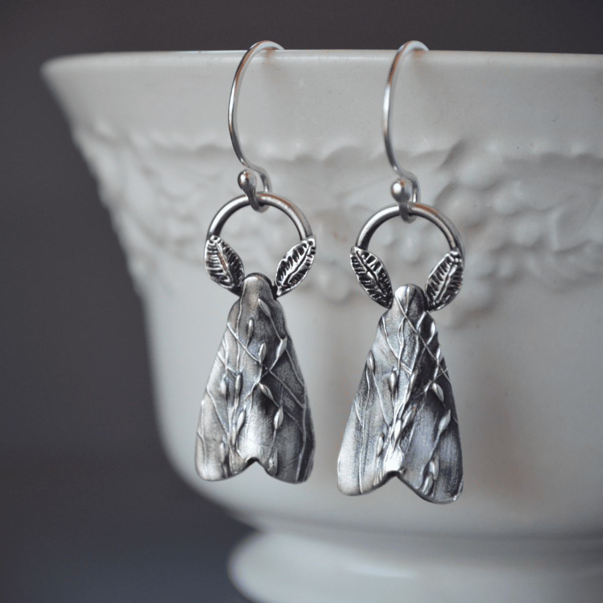 Silver Moth Earrings, Prairie Grass Texture - Gayle Dowell