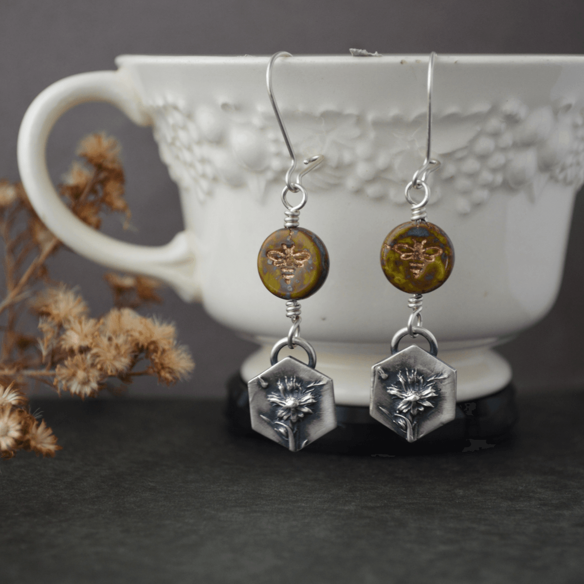 Silver Remnant Aster Earrings with Bee - Gayle Dowell
