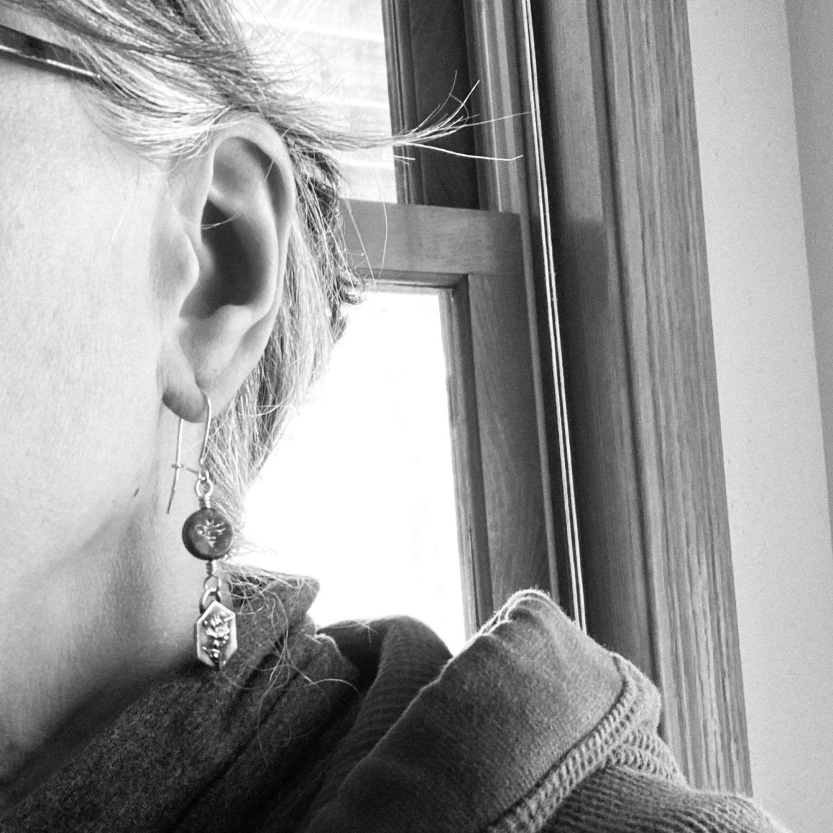 Silver Remnant Aster Earrings with Bee - Gayle Dowell