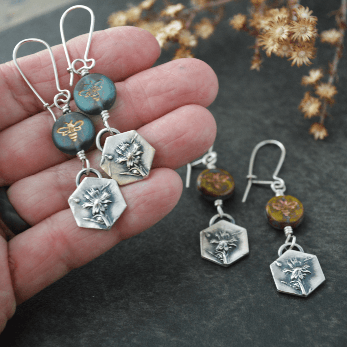 Silver Remnant Aster Earrings with Bee - Gayle Dowell