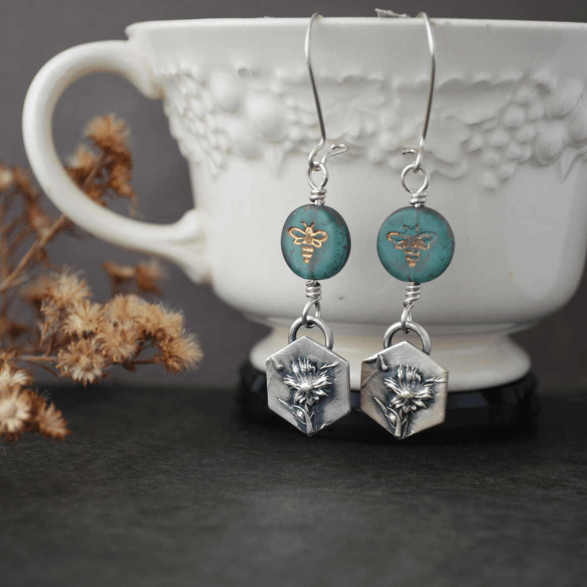 Silver Remnant Aster Earrings with Bee - Gayle Dowell