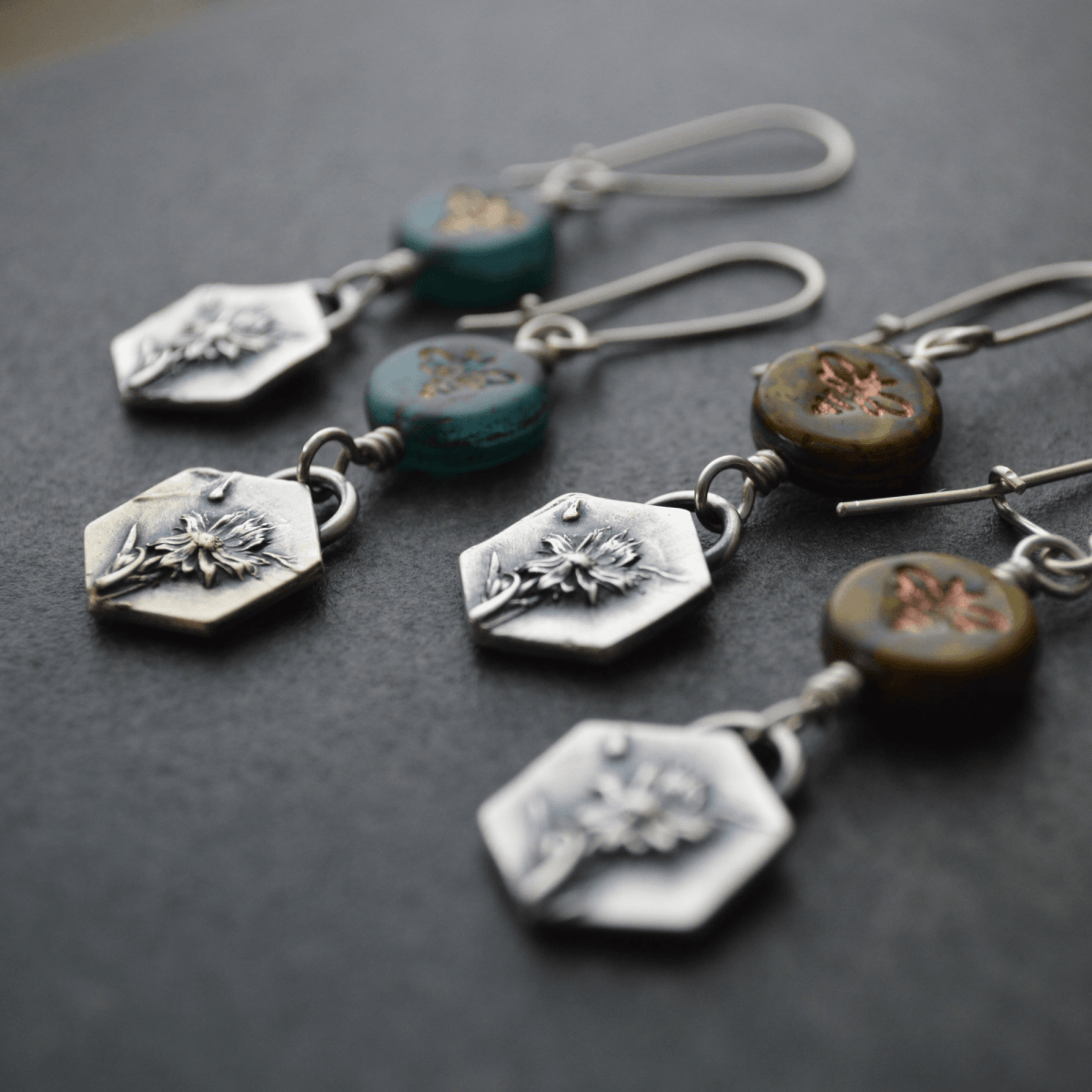 Silver Remnant Aster Earrings with Bee - Gayle Dowell