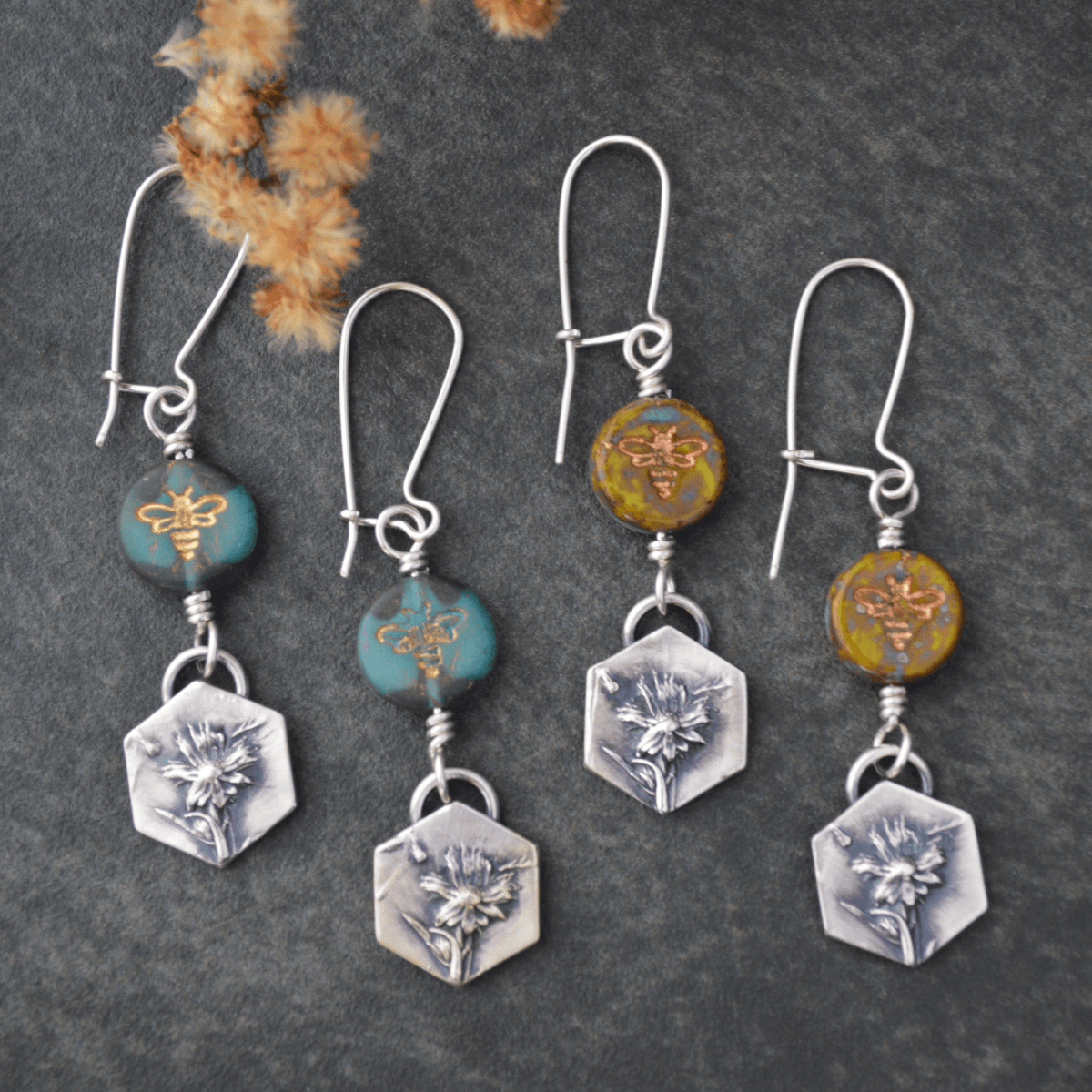 Silver Remnant Aster Earrings with Bee - Gayle Dowell