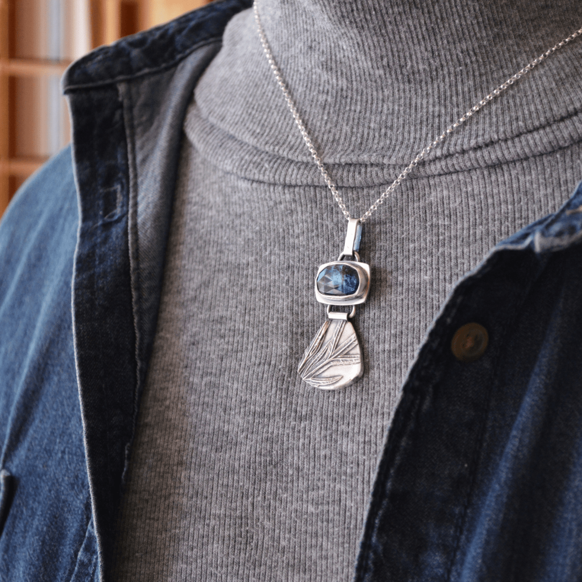 Silver Sage Hinged Pendant with Moss Kyanite - Gayle Dowell