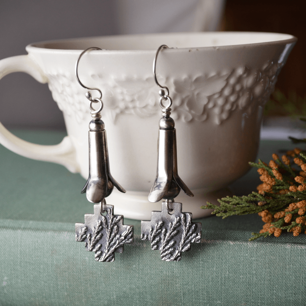 Silver Squash Blossom Earrings with Cedar Crosses - Gayle Dowell
