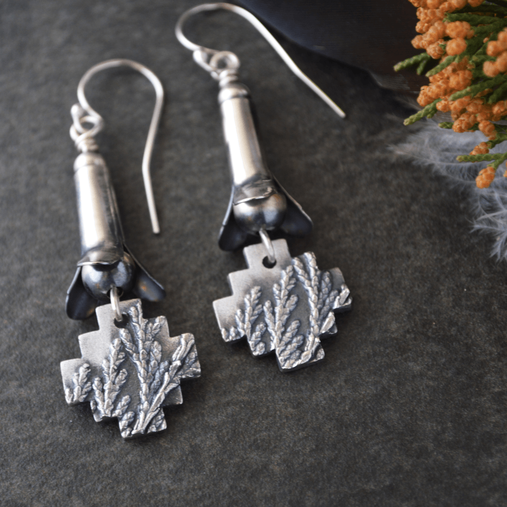 Silver Squash Blossom Earrings with Cedar Crosses - Gayle Dowell