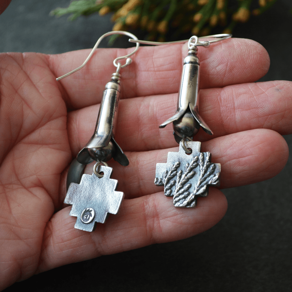Silver Squash Blossom Earrings with Cedar Crosses - Gayle Dowell