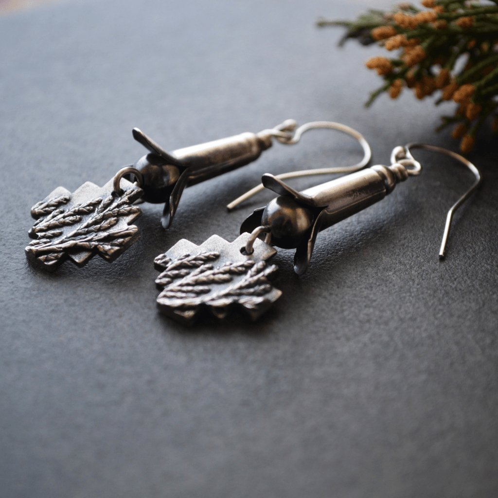 Silver Squash Blossom Earrings with Cedar Crosses - Gayle Dowell