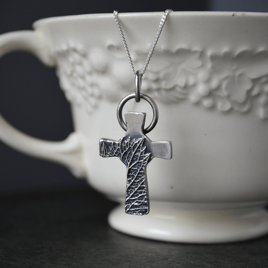 Skinny Silver Cross Necklace with Vervain Leaf - Gayle Dowell
