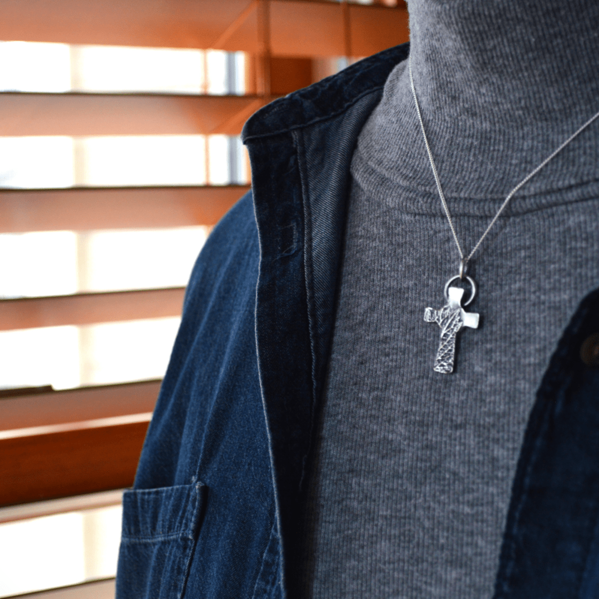 Skinny Silver Cross Necklace with Vervain Leaf - Gayle Dowell