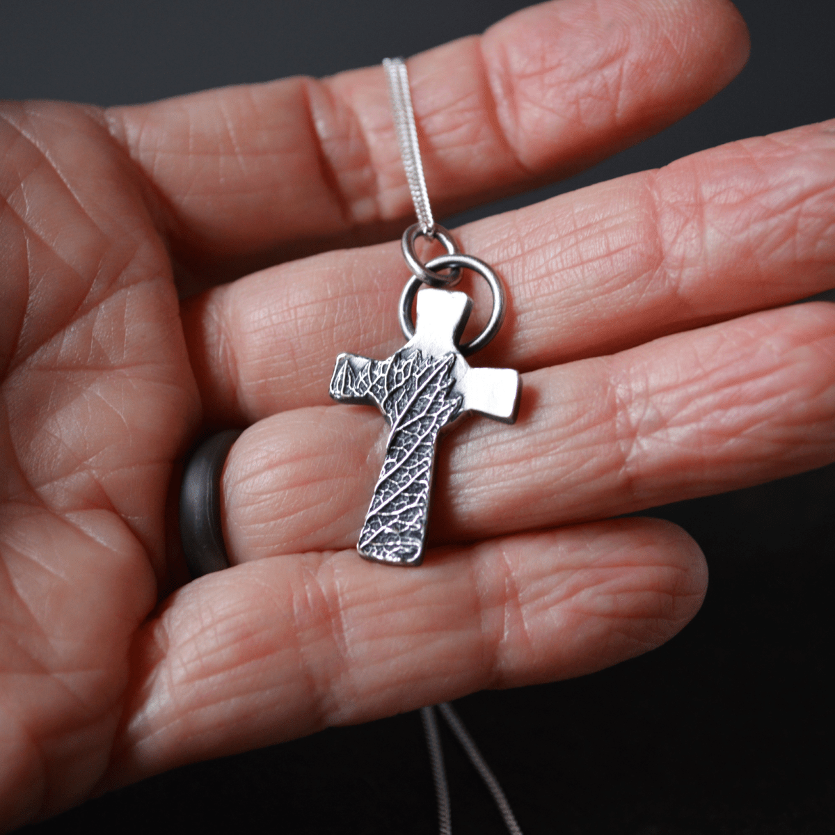 Skinny Silver Cross Necklace with Vervain Leaf - Gayle Dowell