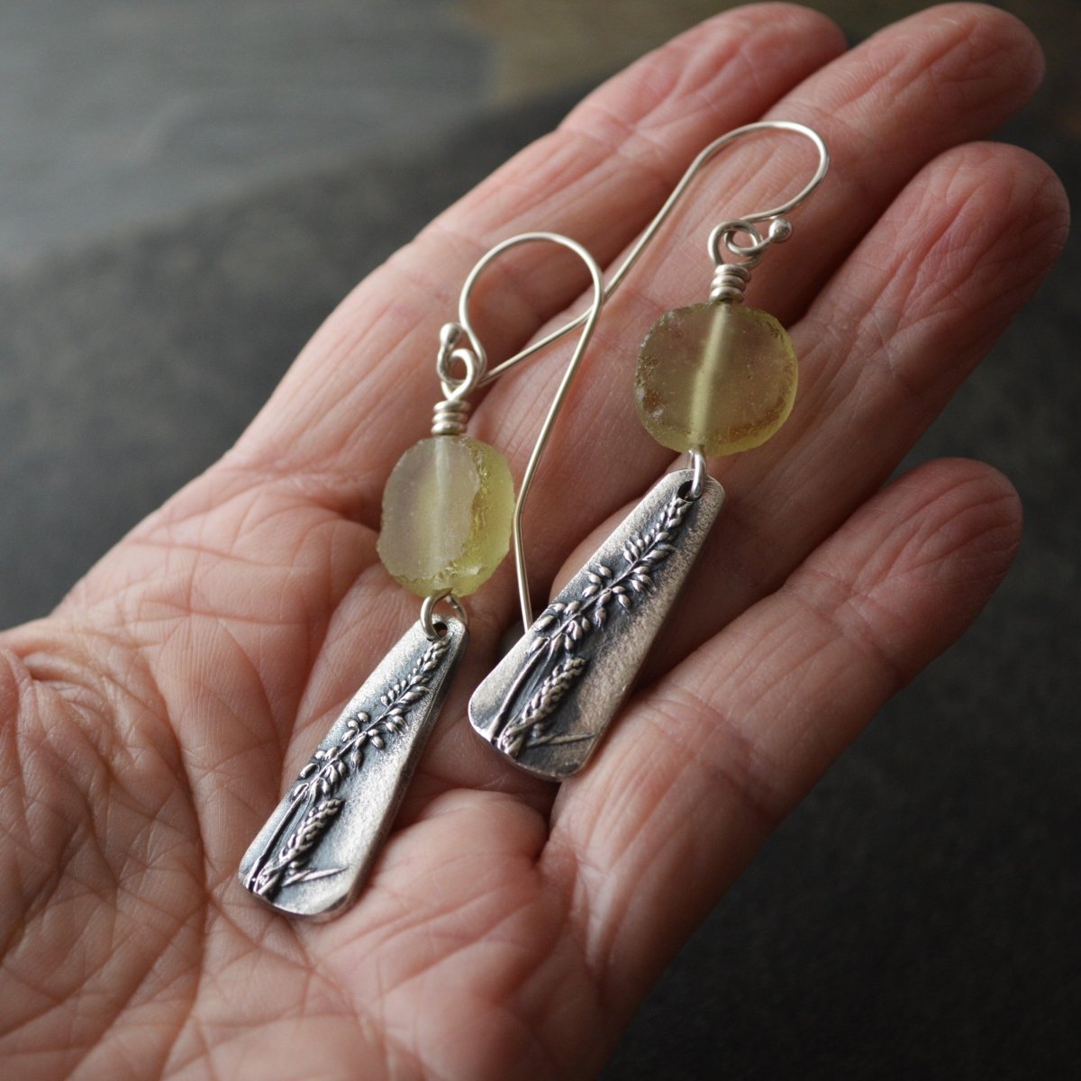 Yellow Sweet Clover Earrings with Ancient Roman Glass - Gayle Dowell