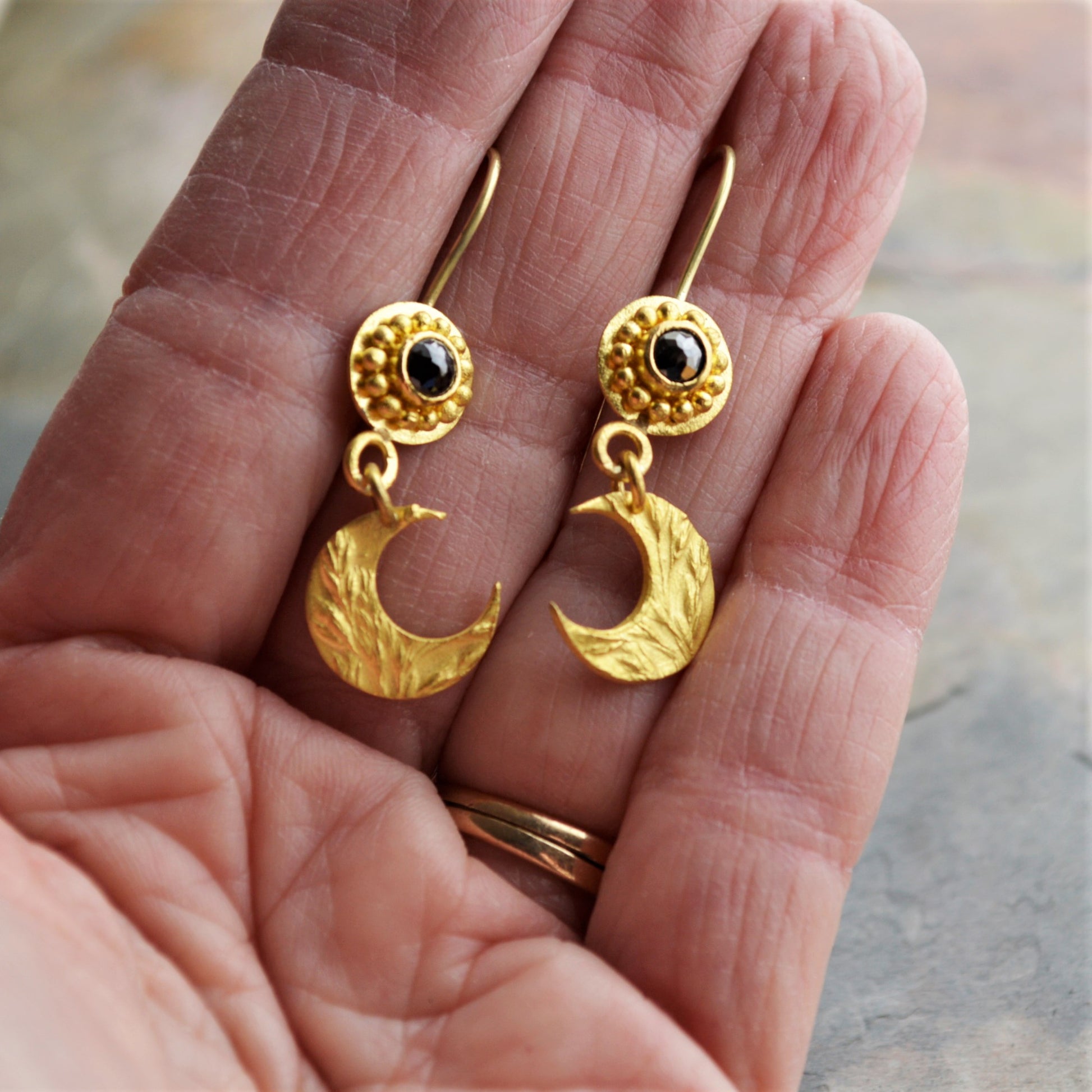 22k Gold and Black Diamond Earrings with Kentucky Bluegrass Moons - Gayle Dowell