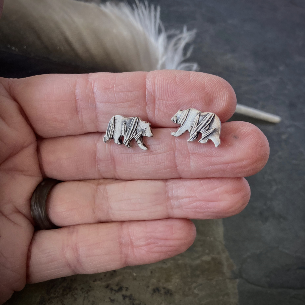 Silver Bear Stud Earrings Textured with Sage