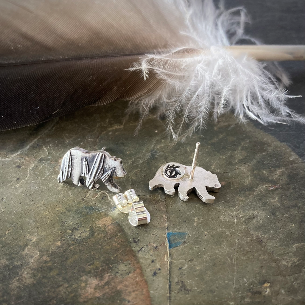 Silver Bear Stud Earrings Textured with Sage