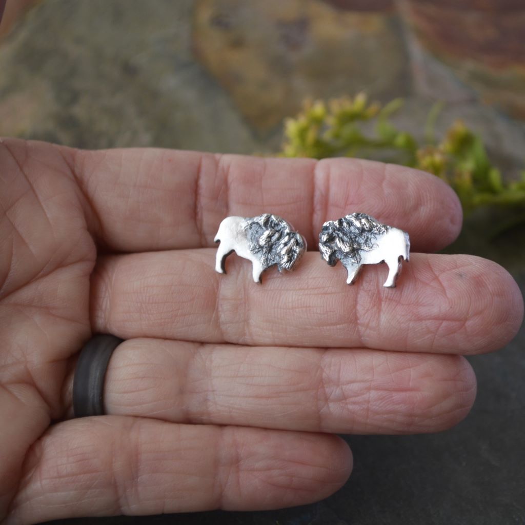 Bison Stud Earrings, Goldenrod Texture in Silver