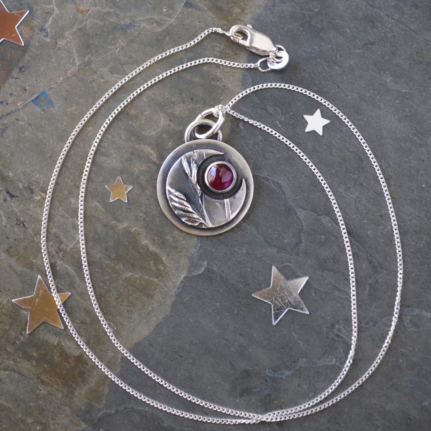 Silver Moon Necklace, Buffalograss with Garnet Gemstone