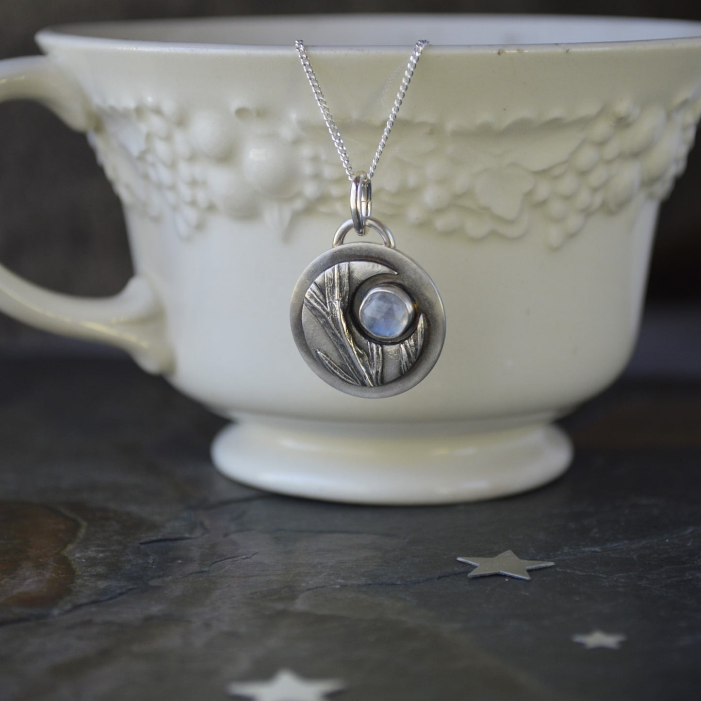 Crescent Moon Necklace, Sage with Rainbow Moonstone