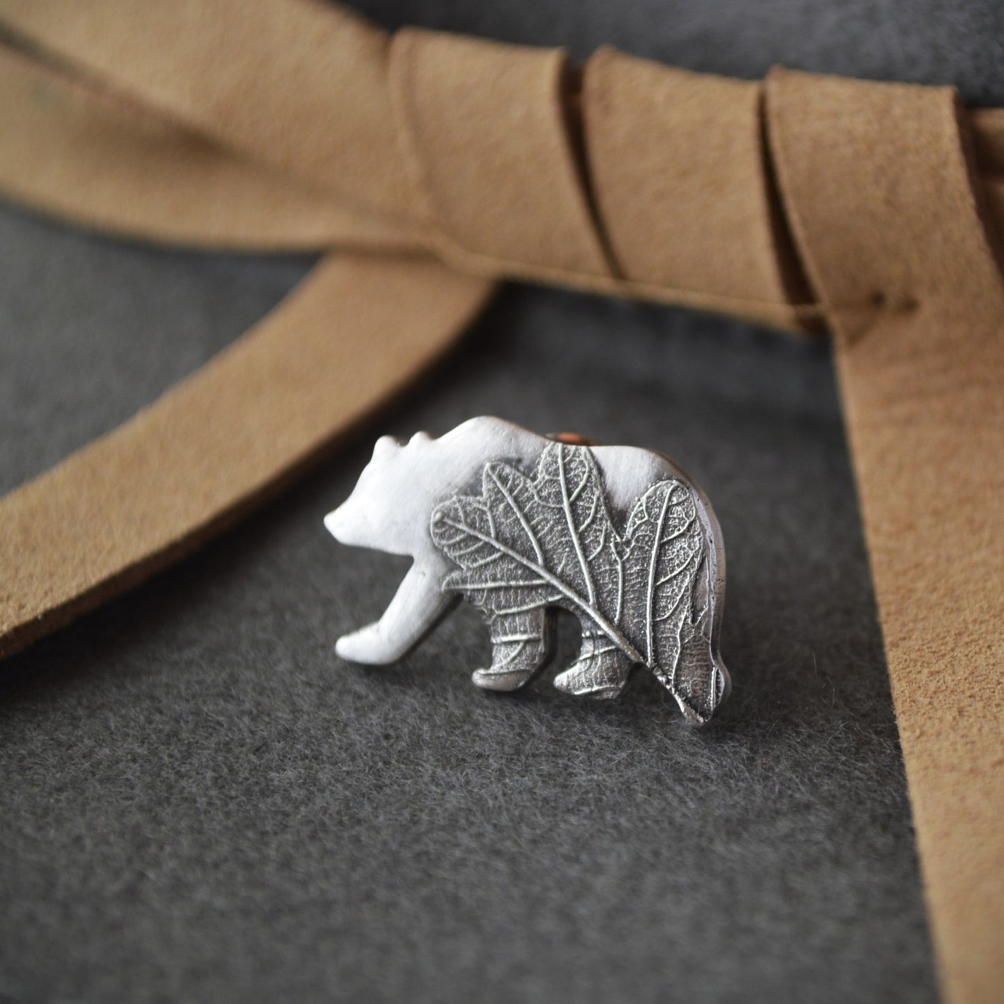 Bear Tie Tack or Hat Pin, Textured with Oak Leaf