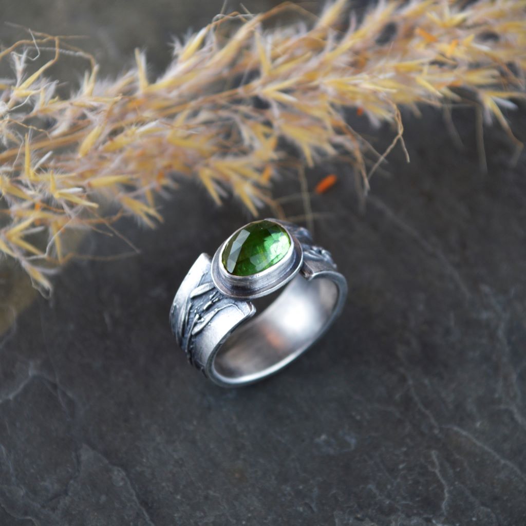 Green Tourmaline and Silver Ring with Indiangrass, Fits a 6.5 Finger