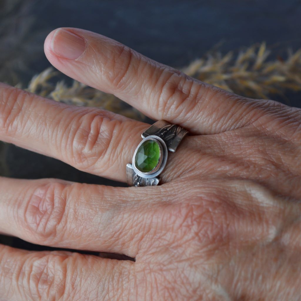Green Tourmaline and Silver Ring with Indiangrass, Fits a 6.5 Finger