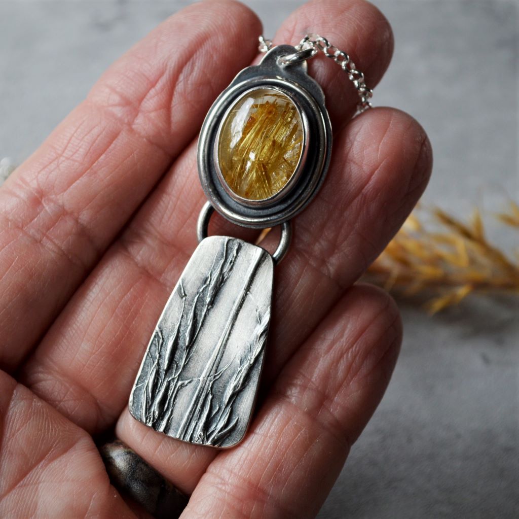 Silver Indiangrass Necklace with Golden Rutilated Quartz