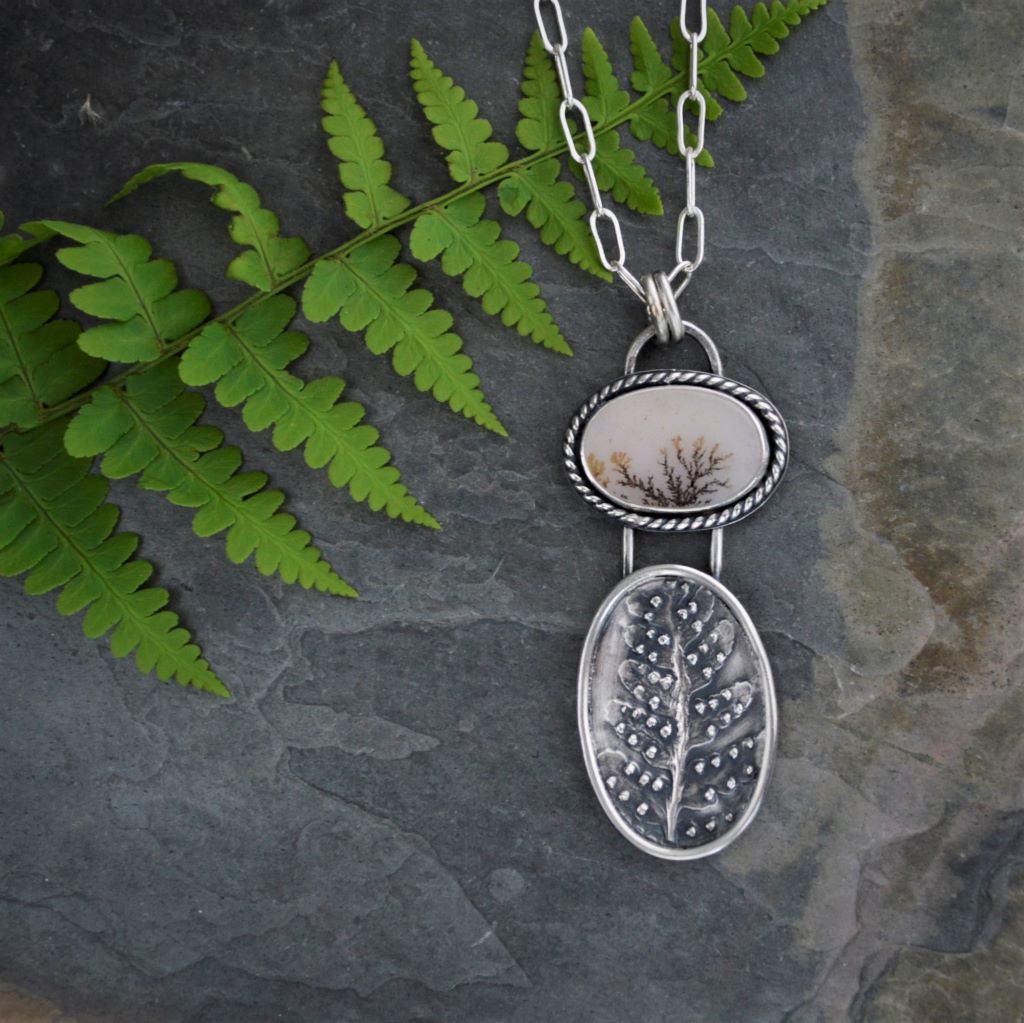 Marginal Wood Fern Pendant Necklace with Dendritic Agate Stone in Fine and Sterling Silver - Gayle Dowell