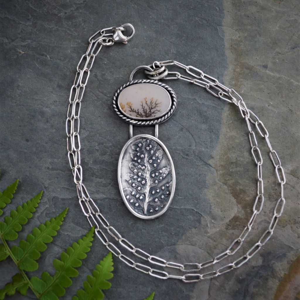 Marginal Wood Fern Pendant Necklace with Dendritic Agate Stone in Fine and Sterling Silver - Gayle Dowell