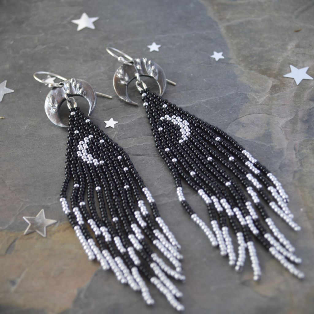 Crescent Moon Earrings with Black and Silver Beaded Fringe