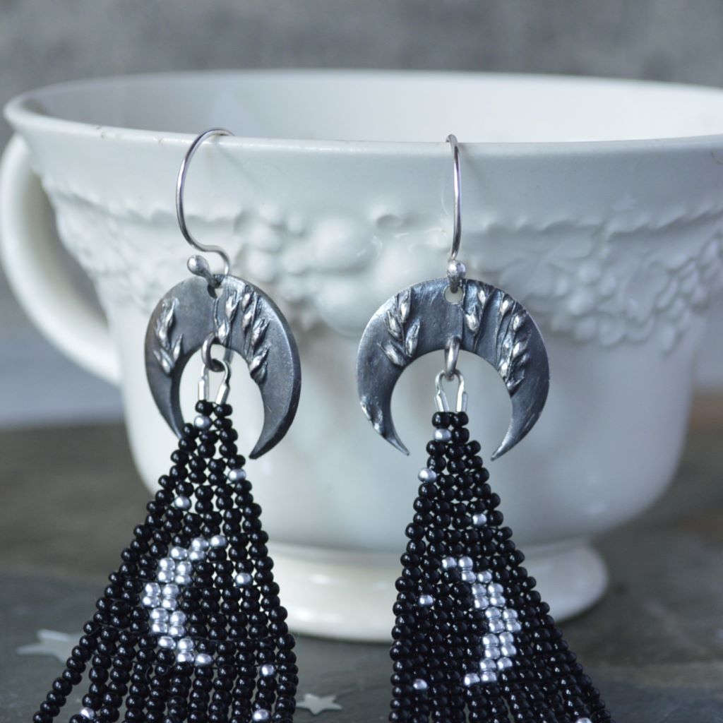 Crescent Moon Earrings with Black and Silver Beaded Fringe