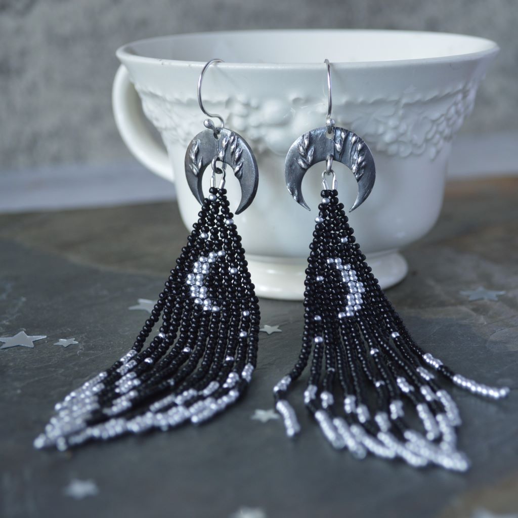 Crescent Moon Earrings with Black and Silver Beaded Fringe