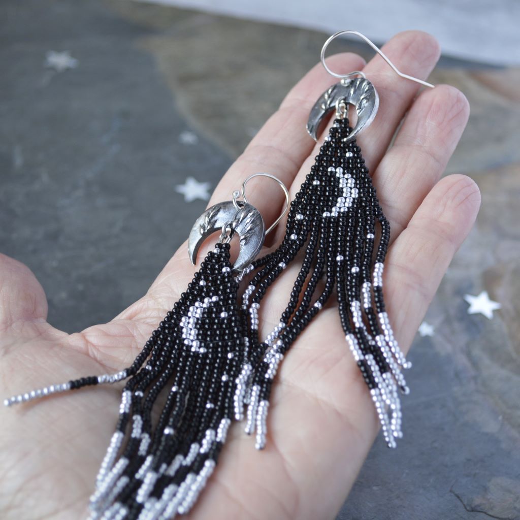 Crescent Moon Earrings with Black and Silver Beaded Fringe