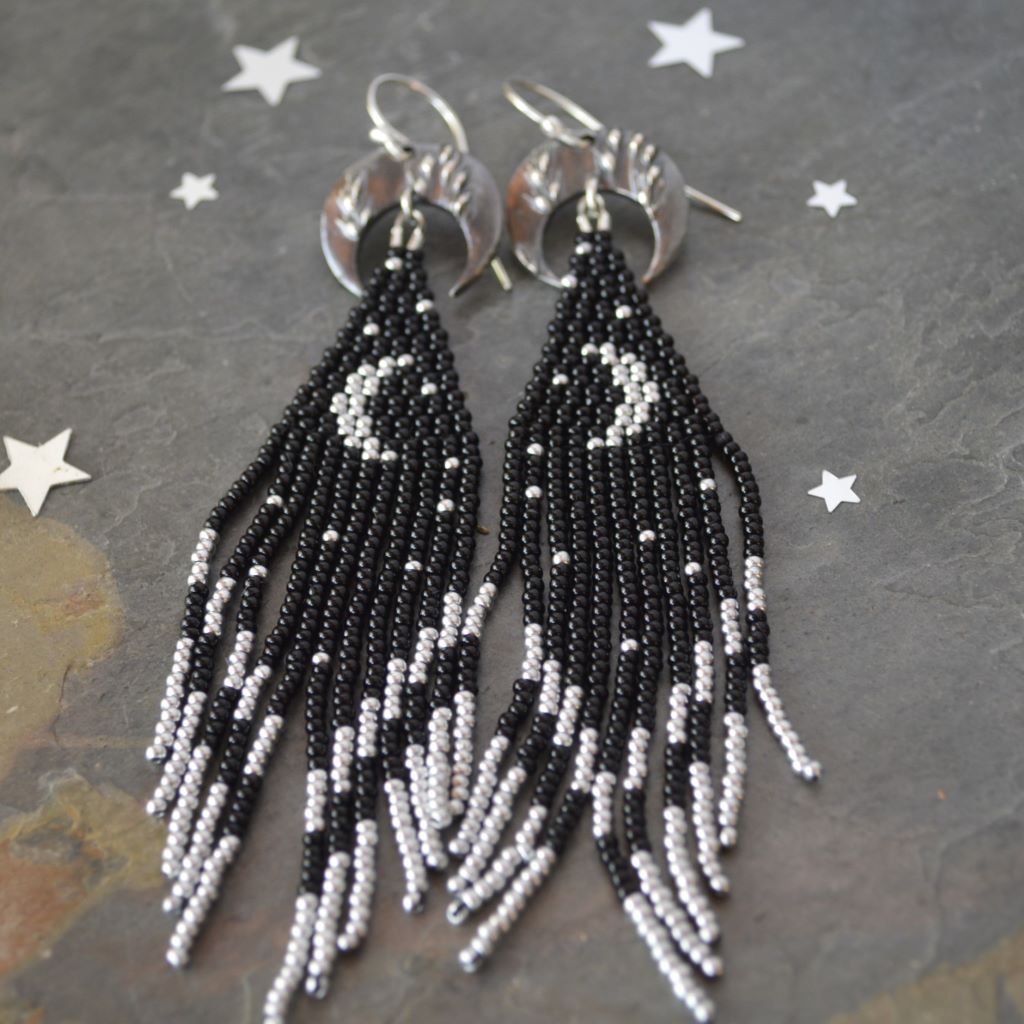 Crescent Moon Earrings with Black and Silver Beaded Fringe