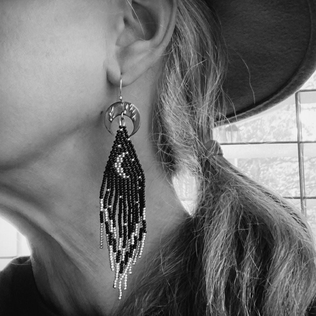 Crescent Moon Earrings with Black and Silver Beaded Fringe